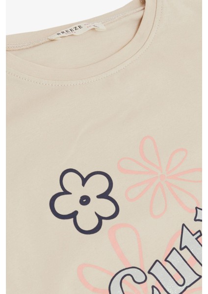 Kız Çocuk Tişört Çiçek Baskılı Kolları Fırfırlı 9-14 Yaş, Bej modelleri