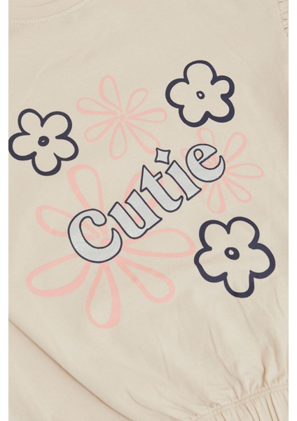 Kız Çocuk Tişört Çiçek Baskılı Kolları Fırfırlı 9-14 Yaş, Bej fırsatları