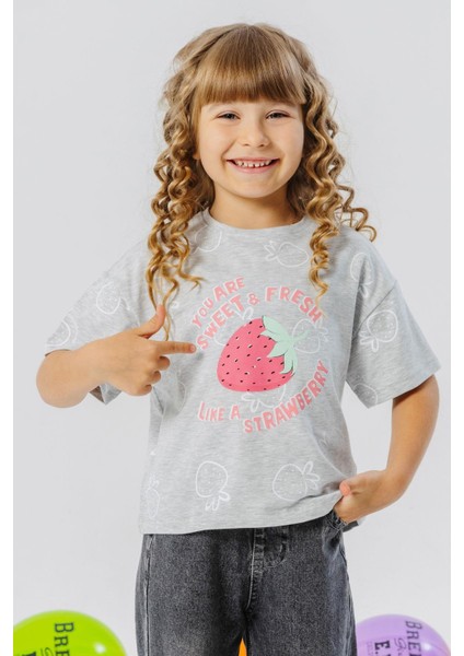 Kız Çocuk Tişört Crop Çilek & Yazı Baskılı 6-12 Yaş, Açık Gri Melanj