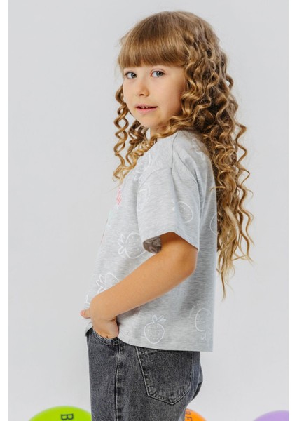 Kız Çocuk Tişört Crop Çilek & Yazı Baskılı 6-12 Yaş, Açık Gri Melanj fiyatları