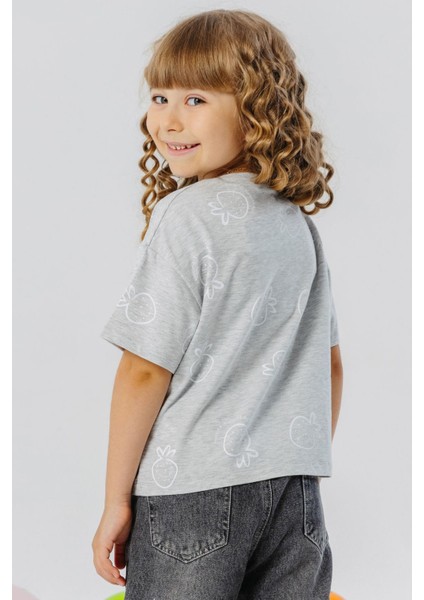 Kız Çocuk Tişört Crop Çilek & Yazı Baskılı 6-12 Yaş, Açık Gri Melanj modelleri