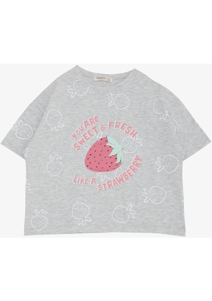 Kız Çocuk Tişört Crop Çilek & Yazı Baskılı 6-12 Yaş, Açık Gri Melanj fırsatları