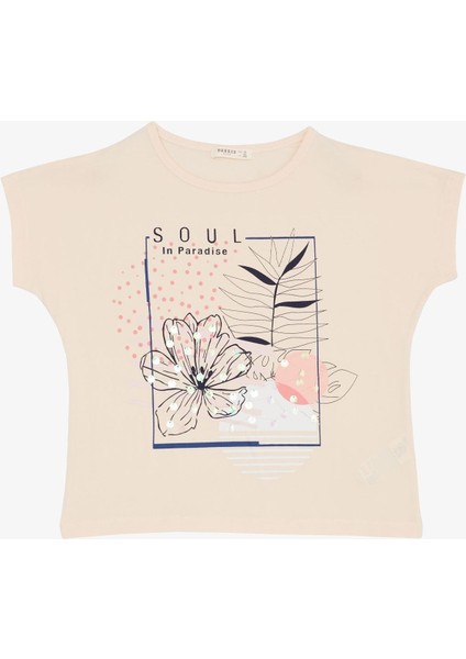 Kız Çocuk Tişört Çiçek Baskılı Pullu 10-16 Yaş, Pudra
