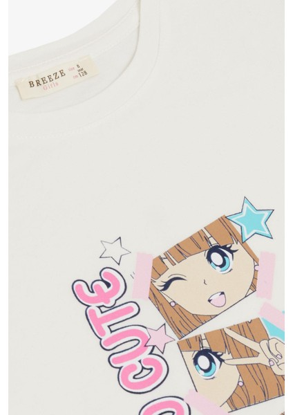 Kız Çocuk Tişört Sevimli Pozlar Veren Kız Baskılı 4-9 Yaş, Ekru modelleri