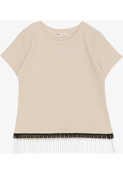 Kız Çocuk Tişört Taş Püsküllü 9-14 Yaş, Bej