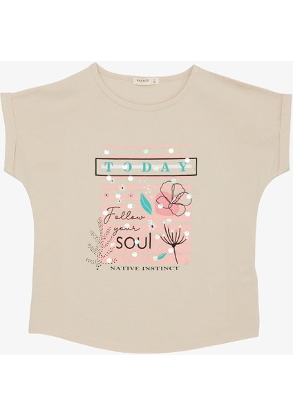 Kız Çocuk Tişört Çiçek & Yazı Baskılı Pullu 9-14 Yaş, Bej