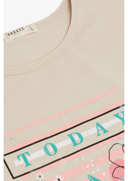 Kız Çocuk Tişört Çiçek & Yazı Baskılı Pullu 9-14 Yaş, Bej modelleri