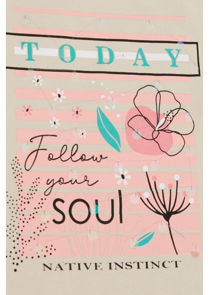 Kız Çocuk Tişört Çiçek & Yazı Baskılı Pullu 9-14 Yaş, Bej fırsatları