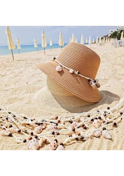 Kabuklu Hasır Şapka Bayanlar Yaz Güneş Koruyucu Şapka Plaj Şapkası (Yurt Dışından)