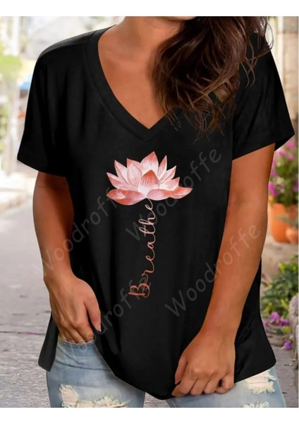 Kadın V Yaka Salaş Çiçek Baskılı Oversize Boyfriend T-Shirt