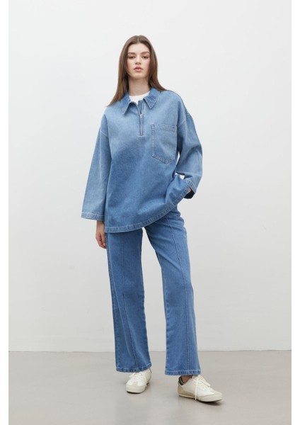 Gömlek Yakalı Denim Bluz Mavi fiyatları