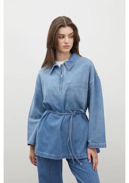 Gömlek Yakalı Denim Bluz Mavi modelleri