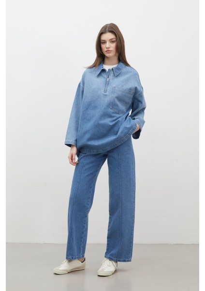 Gömlek Yakalı Denim Bluz Mavi fırsatları