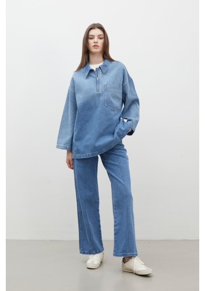 Gömlek Yakalı Denim Bluz Mavi indirimleri