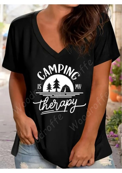 Kadın V Yaka Salaş Camping Baskılı Oversize Boyfriend T-Shirt