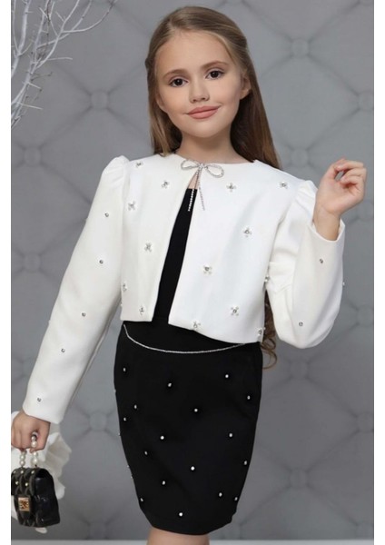 Kız Çocuk Üzeri Taş Işlemeli Etek Askılı Penye Bluz ve Beyaz Blazer Ceket Etekli Takım