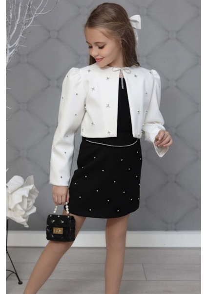 Kız Çocuk Üzeri Taş Işlemeli Etek Askılı Penye Bluz ve Beyaz Blazer Ceket Etekli Takım fırsatları