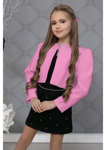 Kız Çocuk Üzeri Taş Işlemeli Etek Askılı Penye Bluz ve Pembe Blazer Ceket Etekli Takım