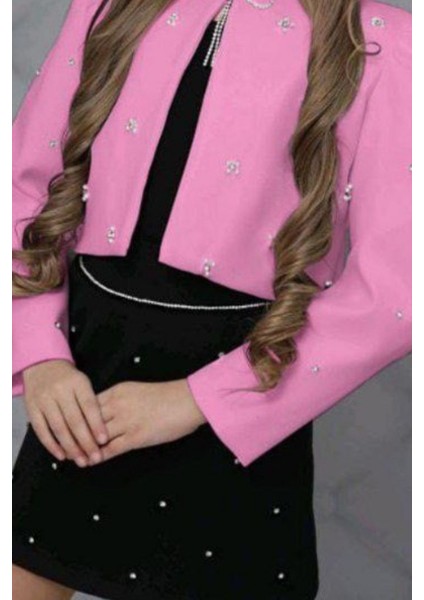 Kız Çocuk Üzeri Taş Işlemeli Etek Askılı Penye Bluz ve Pembe Blazer Ceket Etekli Takım