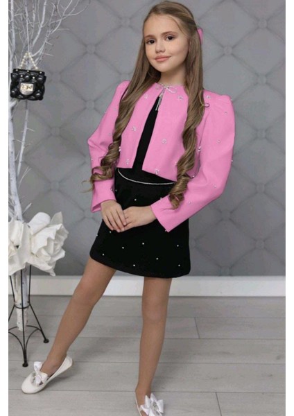 Kız Çocuk Üzeri Taş Işlemeli Etek Askılı Penye Bluz ve Pembe Blazer Ceket Etekli Takım