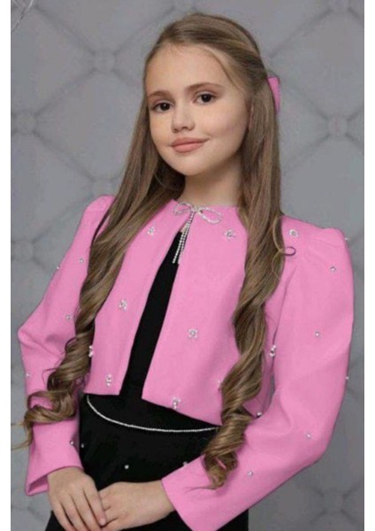 Kız Çocuk Üzeri Taş Işlemeli Etek Askılı Penye Bluz ve Pembe Blazer Ceket Etekli Takım modelleri