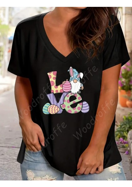 Kadın V Yaka Salaş Love Baskılı Oversize Boyfriend T-Shirt