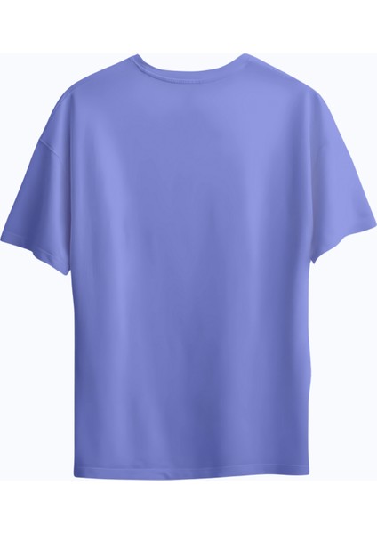 100% Pamuk Suprem Oversize Baskısız Bisiklet Yaka Mavi T-Shirt
