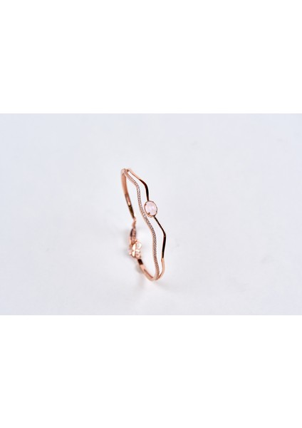 Pink Quartz ve Zirkon Taşlı Rose Altın Kelepçe Bileklik