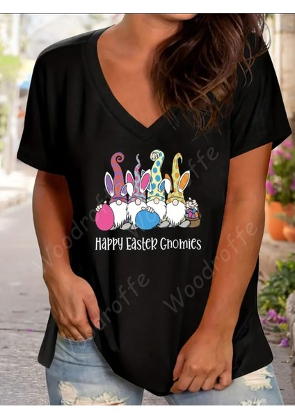 Kadın V Yaka Salaş Happy Easter Baskılı Oversize Boyfriend T-Shirt