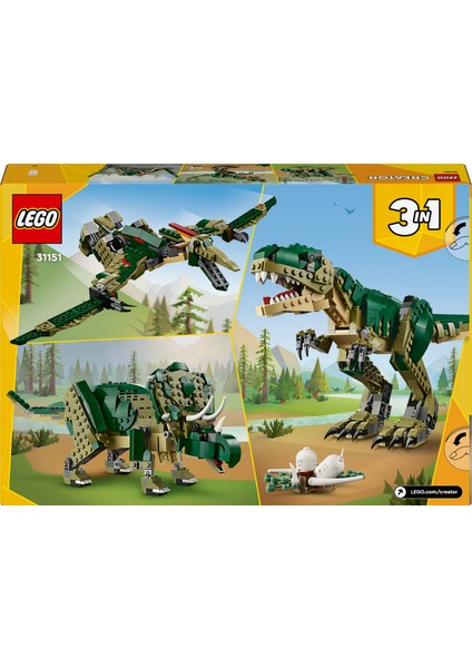 Creator 3#ü 1 Arada T. rex 31151 # 9 Yaş ve Üzeri İçin Triceratops veya Pterodactyl İçeren Yaratıcı Dinozor Modeli Yapım Seti (626 Parça)