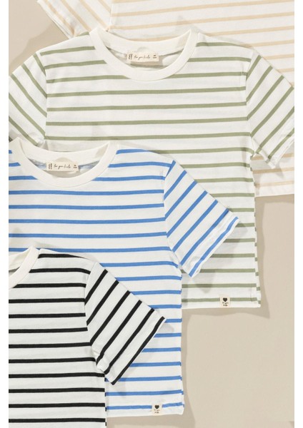 4'lü Kız Çocuk Yeşil Saks Siyah Taş Çizgili Tshirt fiyatları