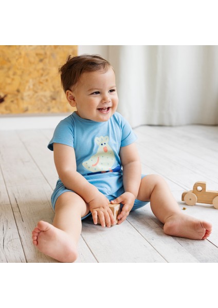 "sunny" Organik Pamuk Şort Tulum - Gök Mavi