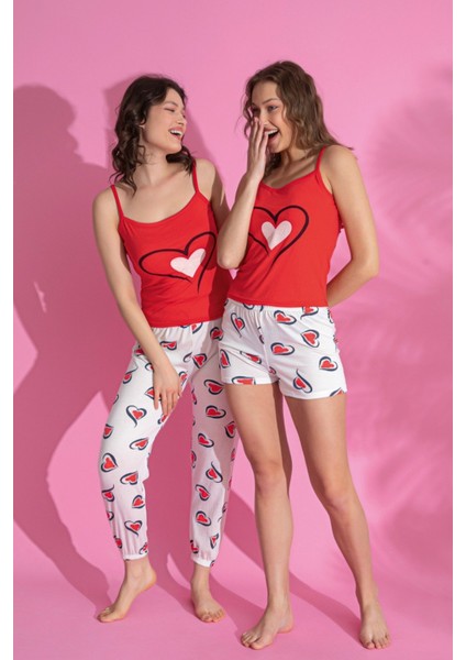 Dreamy 3 Parça Desenli Ip Askılı Şortlu Pantolonlu Viskon Pijama Takımı