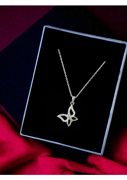 Alâ Silver Jewellery Kelebek Beyaz Taşlı Tasarım 925 Ayar Gümüş Kolye