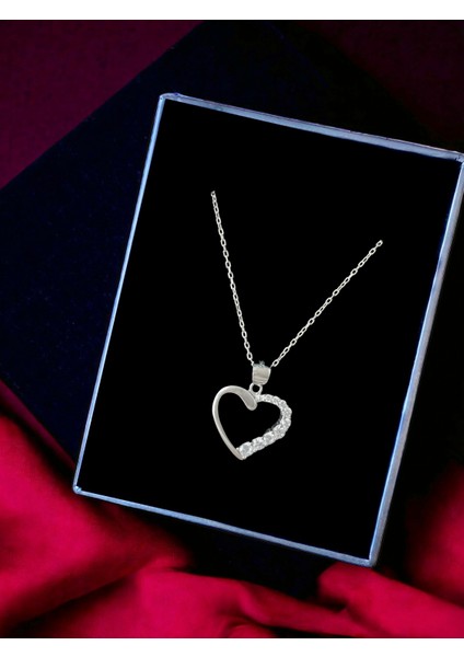 Alâ Silver Jewellery Kalp Beyaz Taşlı Tasarım 925 Ayar Gümüş Kolye