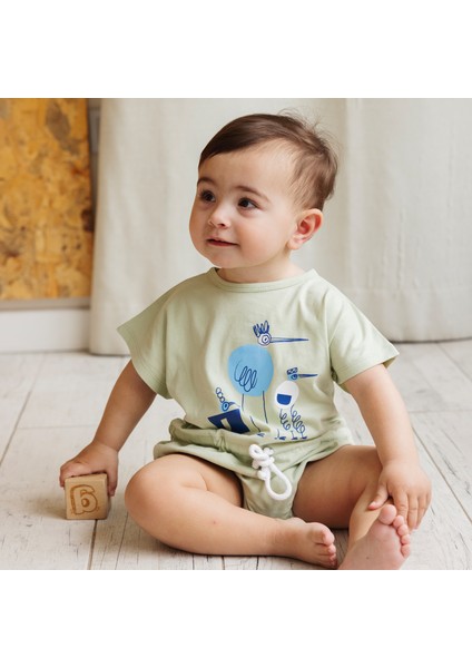 "butterfly" Organik Pamuk Şort Tulum - Su Yeşili