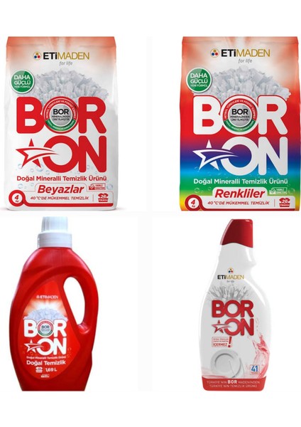 Boron Çamaşır Detrjanı Renkliler Toz 4 kg+ Beyazlar Toz4 kg+ Renkliler sıvı 169 Lt+Jel Bulaşık Makinesi Temizlik Ürünü 820 ml