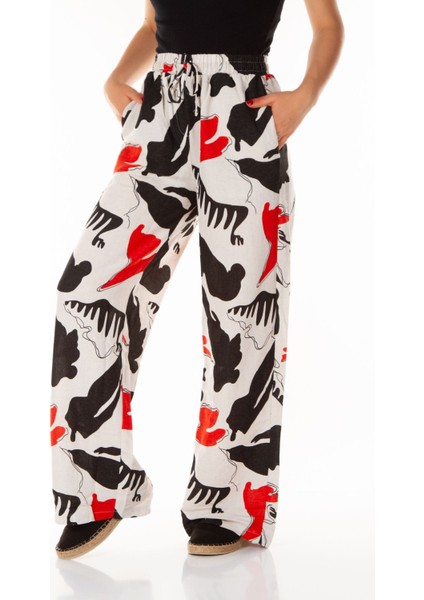 Kadın Multi Desenli Beli Lastikli Geniş Paça Keten Pantolon