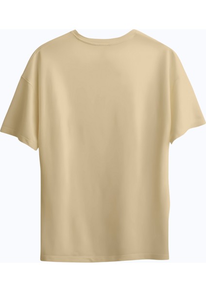 100% Pamuk Suprem Oversize Baskısız Bisiklet Yaka Camel T-Shirt