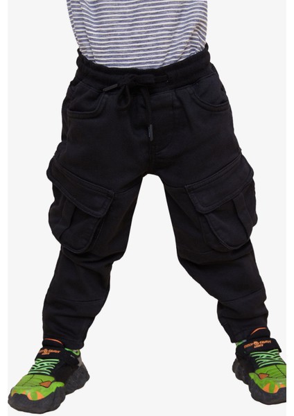 Girls & Boys Erkek Çocuk Pantolon Kargo Cepli Beli Lastikli 3-7 Yaş, Siyah