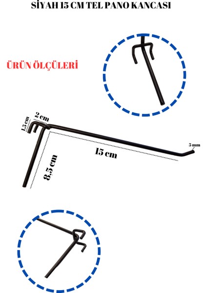 15 cm - 25 Adet Cnc Büküm Dayanıklı Yapı 15 cm Siyah Tel Pano Kancası