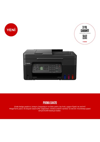 PIXMA G4470 Çok Fonksyonlu Renkli Mürekkep Tanklı Yazıcı/ Fotokopi + Tarama + Faks/ Wifi/ Airprint (Canon Eurasia Garantili)