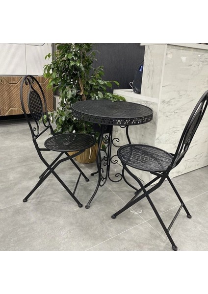 Ferforje Katlanır Masa Sandalye Balkon Takımı Siyah 60CM