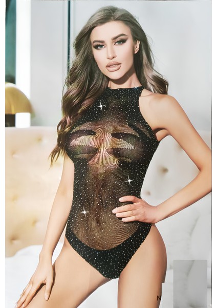 Kadın  Siyah Taşlı Body Suit