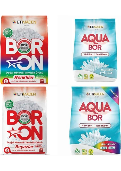 Eti Maden Aqua Bor Çamaşı Deterjanı Renkliler İçin 6 kg+ Aqua Bor 6 kg Beyazlar İçin+Boron 4 kg Beyazlar İçin+ Boron 4 kg Renkliler İçin