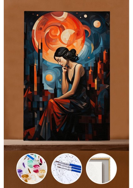 Sayılarla Boyama Seti Çerçeveli Kasnaklı Bahar Kadın 50X65 cm