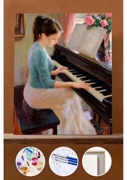 Sayılarla Boyama Seti Çerçeveli Kasnaklı Piyano Çalan Güzel 50X65 cm