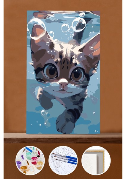 Sayılarla Boyama Seti Çerçeveli Kasnaklı Yüzen Sevimli Kedi 60X75 cm