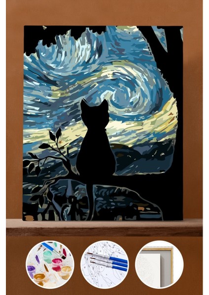 Sayılarla Boyama Seti Çerçeveli Kasnaklı Van Gogh Kedi 50X65 cm