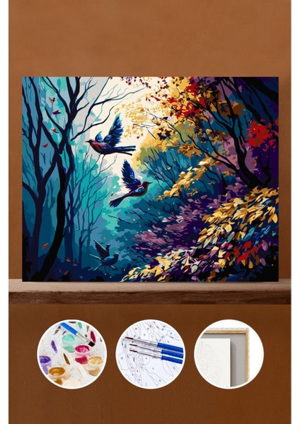 Sayılarla Boyama Seti Çerçeveli Kasnaklı Kuşlarla Dolu Bir Orman 60X75 cm